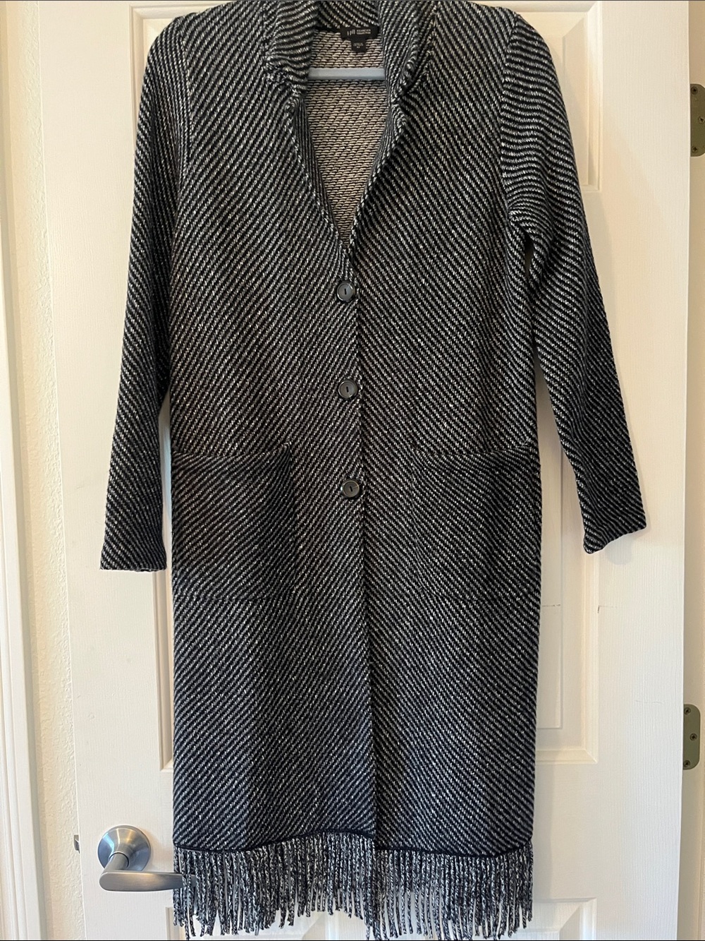 NWOT J. Jill Black and Gray Long Fringe Knit. Sweater Coat
